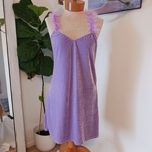 SugarThrill,Velvet Womens Dress, Feathered Straps, Lilac, Barbiecon, Y2K, 90s, L